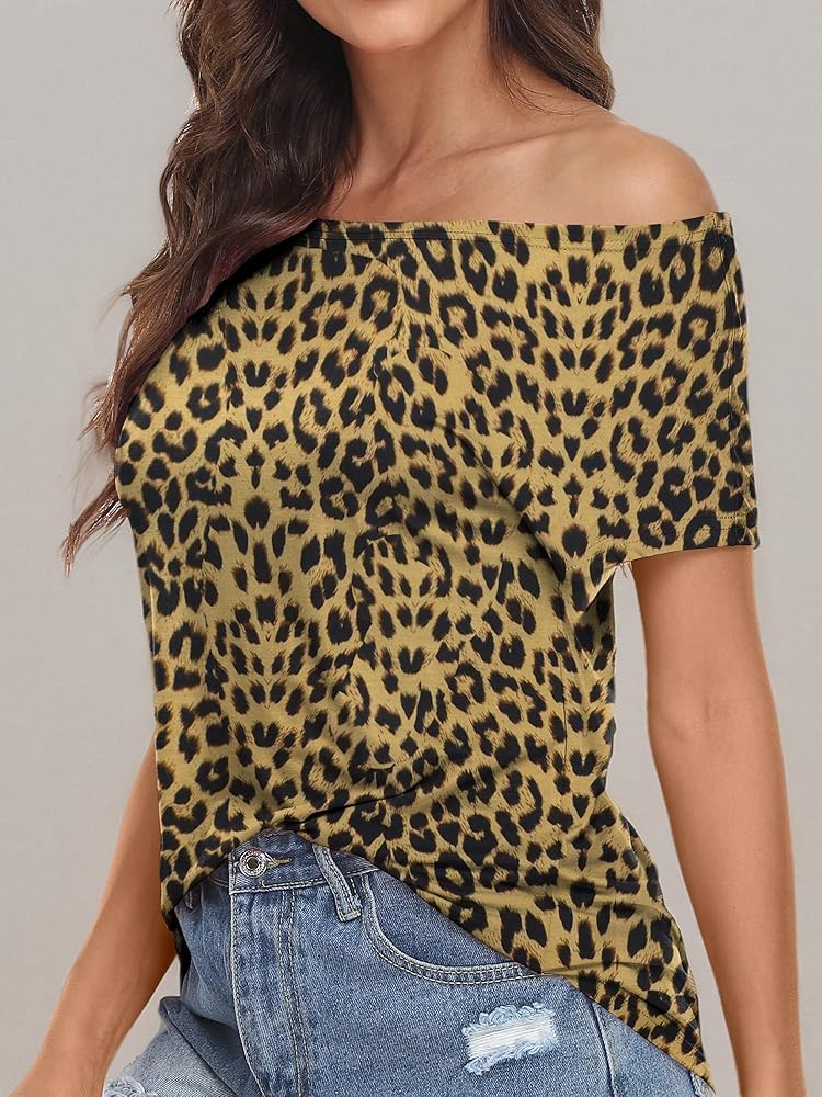 Summer Tops for Women Leopard Print Off The Shoulder Cute